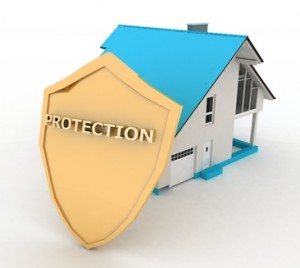 3d illustration. Home insurance protection, a shield and a house